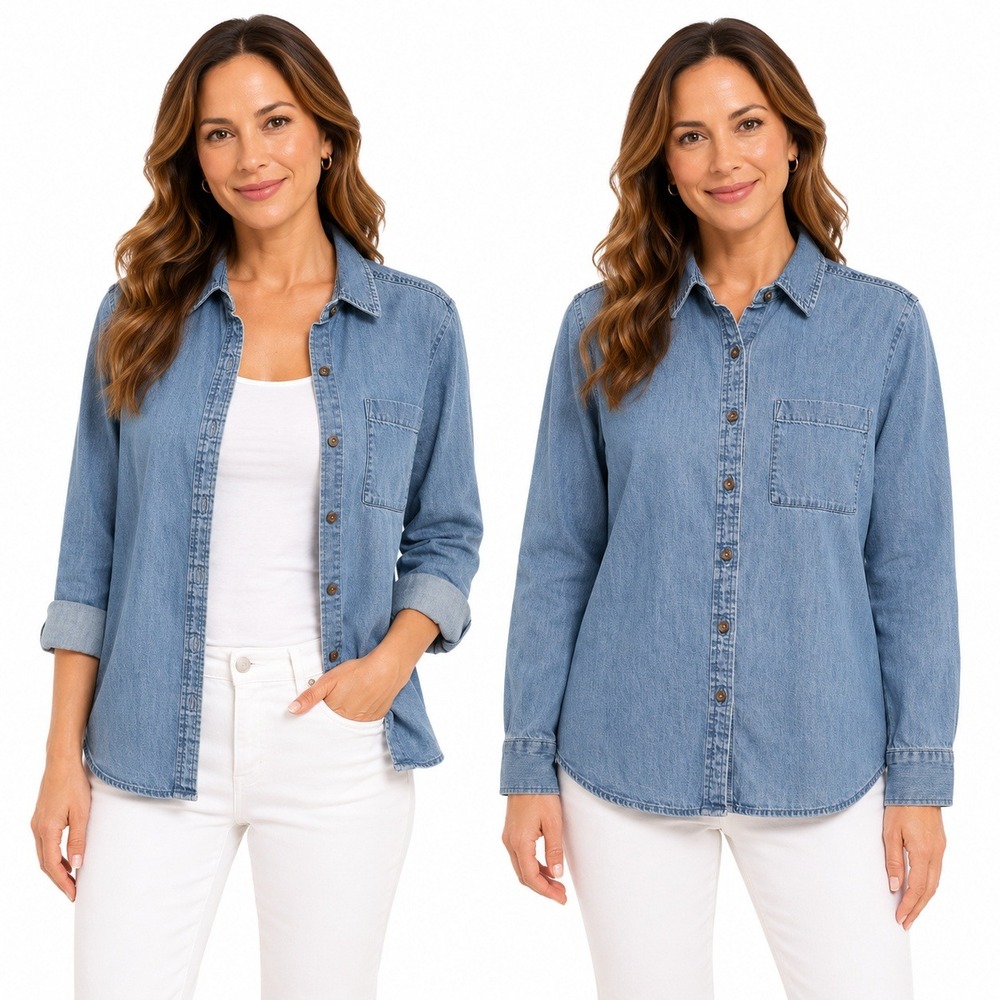 LOFT Shirt Womens Size M Medium Wash Denim Chambray Button Down Blue 100% Cotton